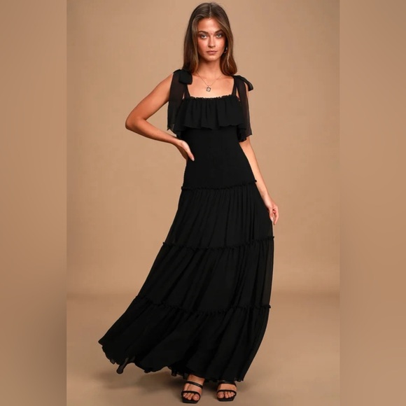 Lulus Dresses & Skirts - Lulus Like a Fairy Tale Black Maxi Dress M Smocked Tiered Tie Strap Boho Formal